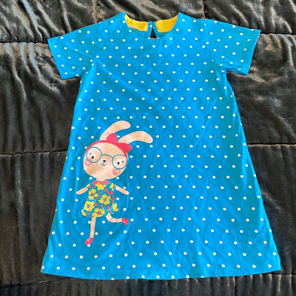 Blue & White Polka Dot Bunny Dress. Girls Size 5T.